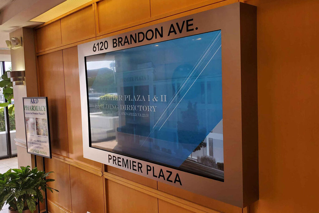 office-corporate-interior-digital-directory-wayfinding-floating-aluminum-monitor-sign-signage-premier-properties-virginia-duff-signs-2 ada signs suite signs