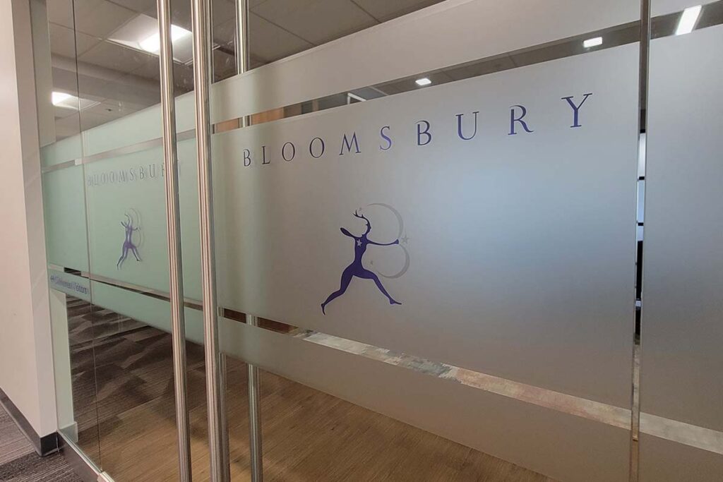 frosted-film-privacy-decorative-window-frosting-film-bloomsbury publishing-duff-signs-maryland-5 ada signs suite signs